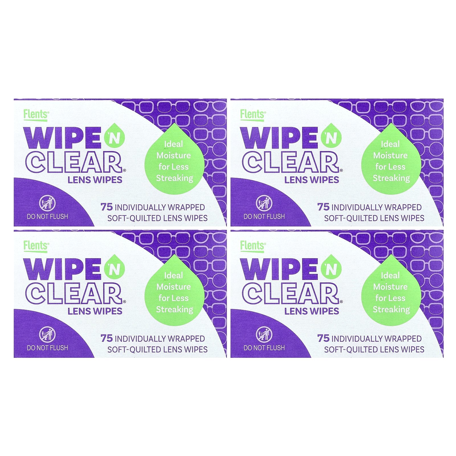 Flents, Wipe 'N Clear, Lens Wipes, 4 Boxes, 75 Individually Wrapped Soft-Quilted Lens Wipes