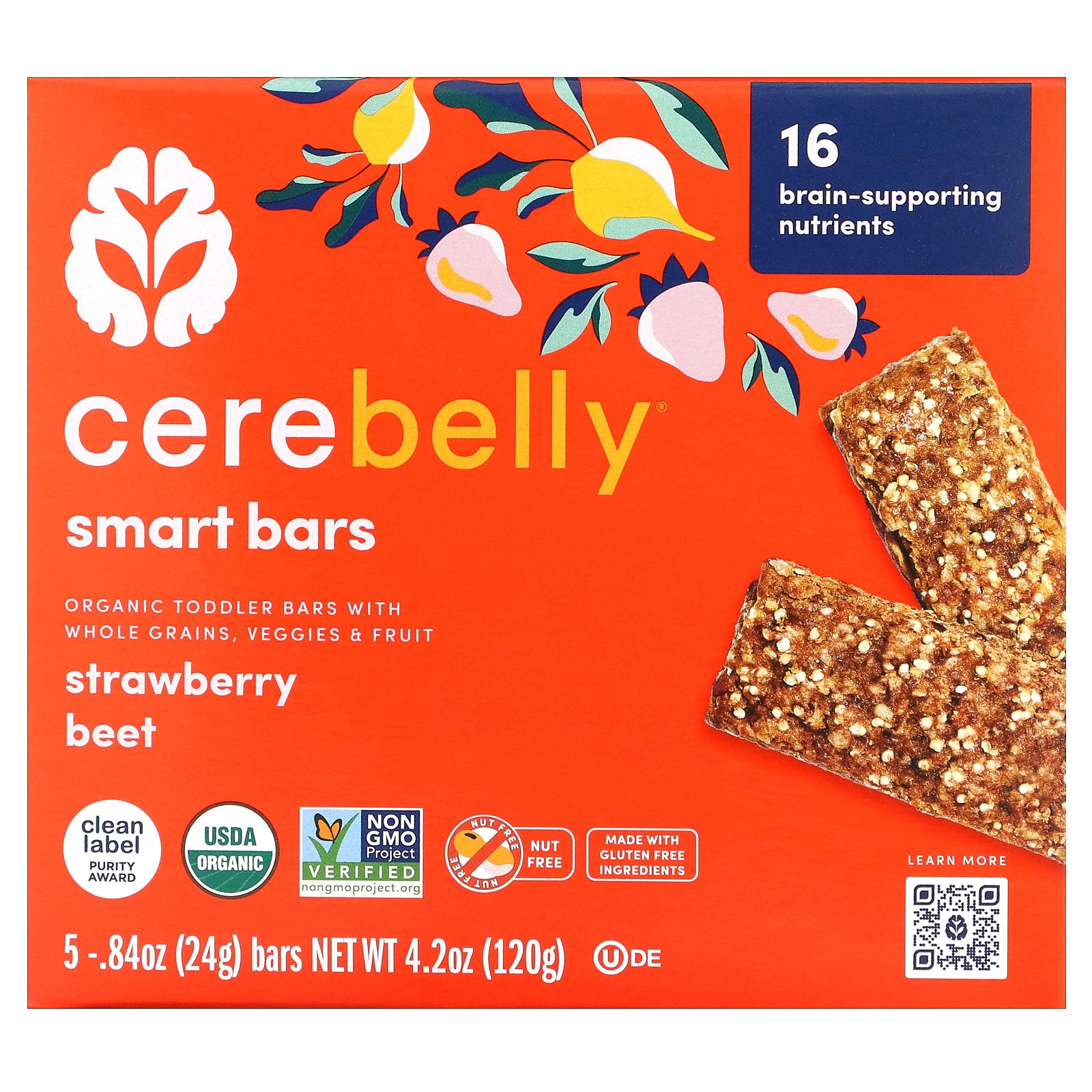 Cerebelly, Smart Bars, Organic Toddler Bars, Strawberry Beet, 5 Bars, 0.84 oz (24 g) Each