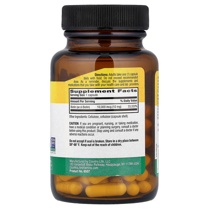 Country Life, Biotin, High Potency, 10 mg, 60 Vegan Capsules
