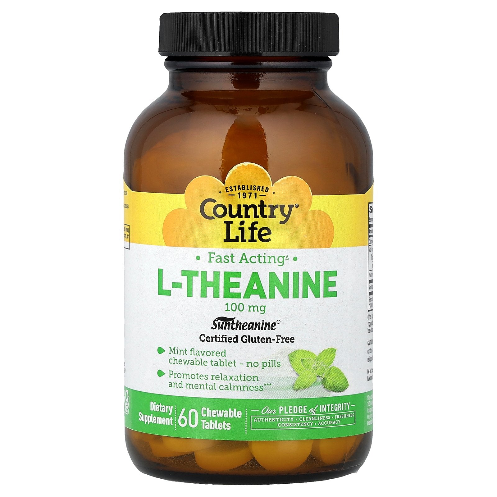 Country Life, L-Theanine, Mint, 100 mg, 60 Chewable Tablets