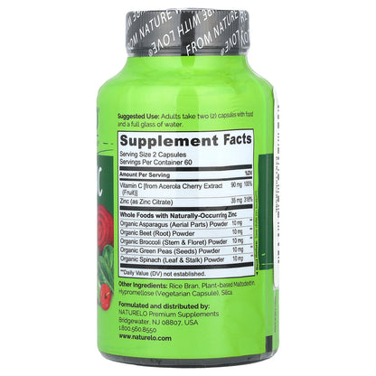 NATURELO, Vegan Zinc With Vitamin C, 120 Vegetarian Capsules
