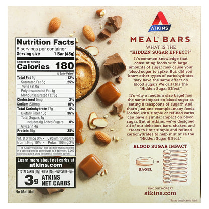 Atkins, Protein Meal Bar, Chocolate Almond Caramel, 5 Bars, 1.69 oz (48 g) Each