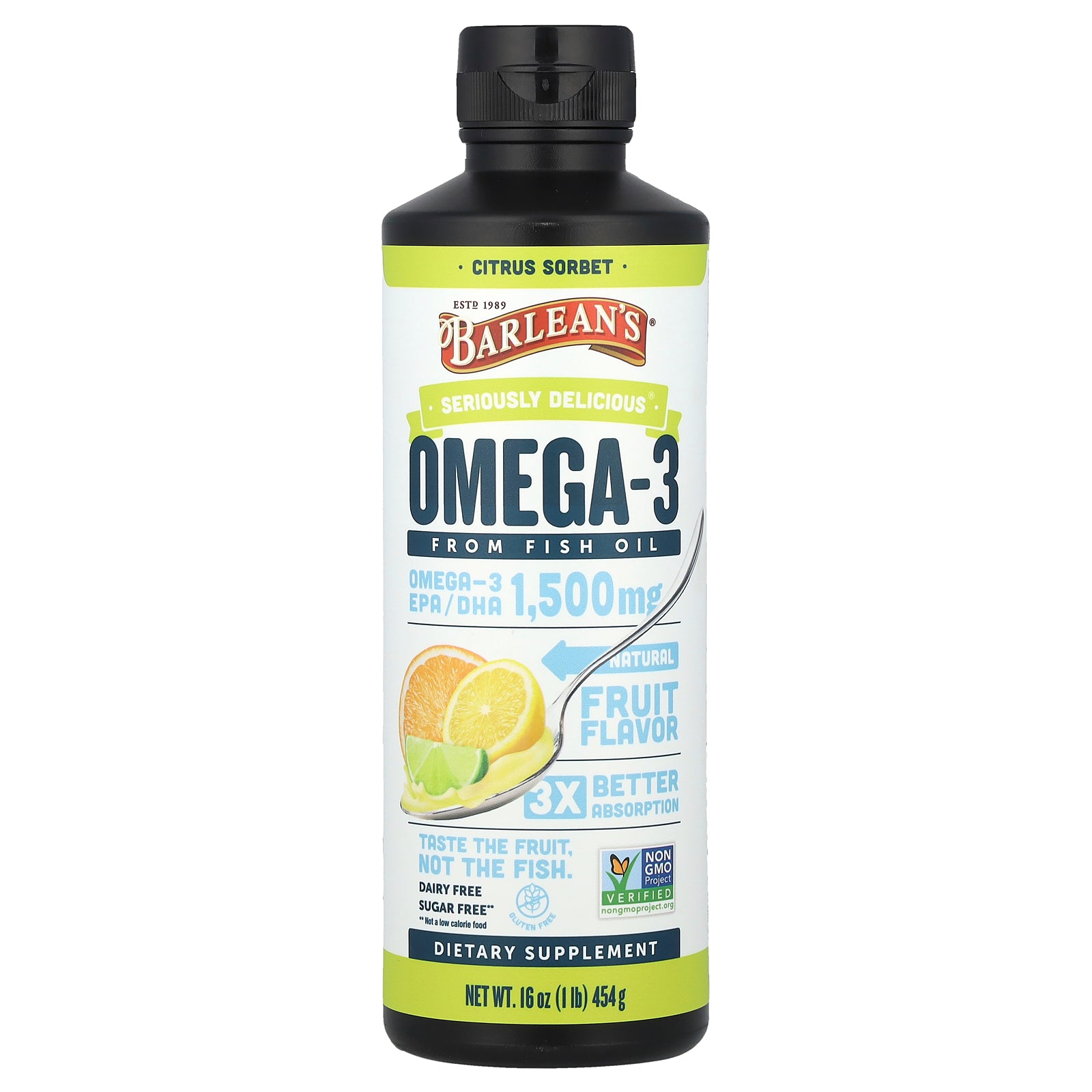 Barlean's, Seriously Delicious®, Omega-3 From Fish Oil, Citrus Sorbet, 16 oz (454 g)