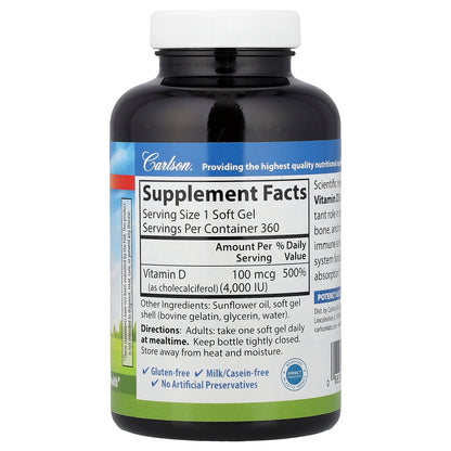 Carlson, Vitamin D3, 100 mcg (4,000 IU), 360 Soft Gels