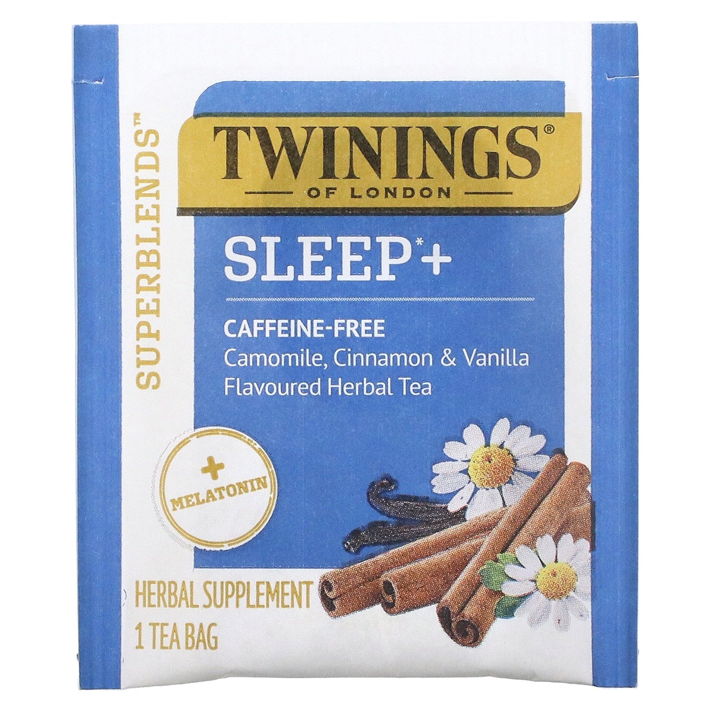 Twinings, Sleep+ with Melatonin Herbal Tea, Camomile, Cinnamon & Vanilla, Caffeine Free, 16 Tea Bags, 0.85 oz (24 g)