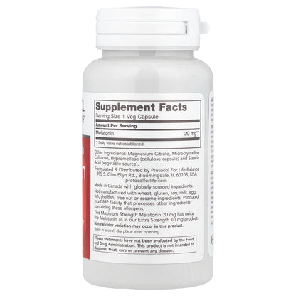 Protocol for Life Balance, Melatonin, Maximum Strength, 20 mg, 90 Veg Capsules