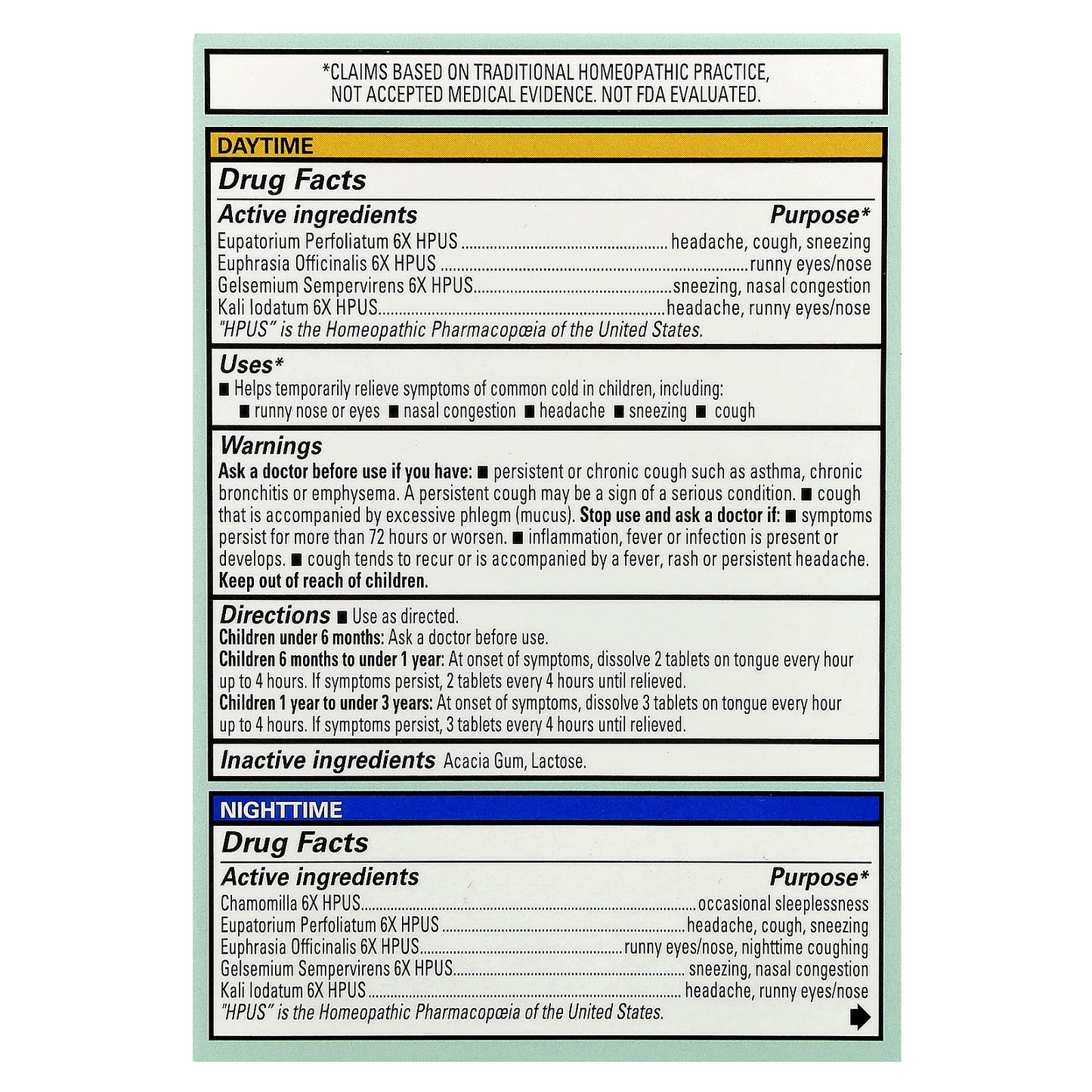 Hyland's Naturals, Baby, Tiny Cold Tablets Combo Pack, Daytime/Nighttime, 6+ Months, 2 Bottles, 125 Quick-Dissolving Tablets Each