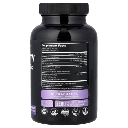 NutraChamps, Elderberry, Vitamin C + Zinc with Vitamin D3 + Ginger, 120 Vegan Capsules