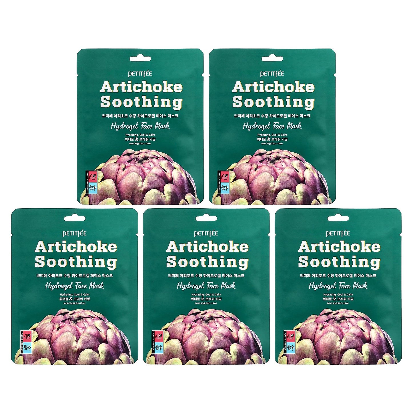Petitfee, Artichoke Soothing, Hydrogel Beauty Face Mask, 5 Sheets, 1.12 oz (32 g) Each