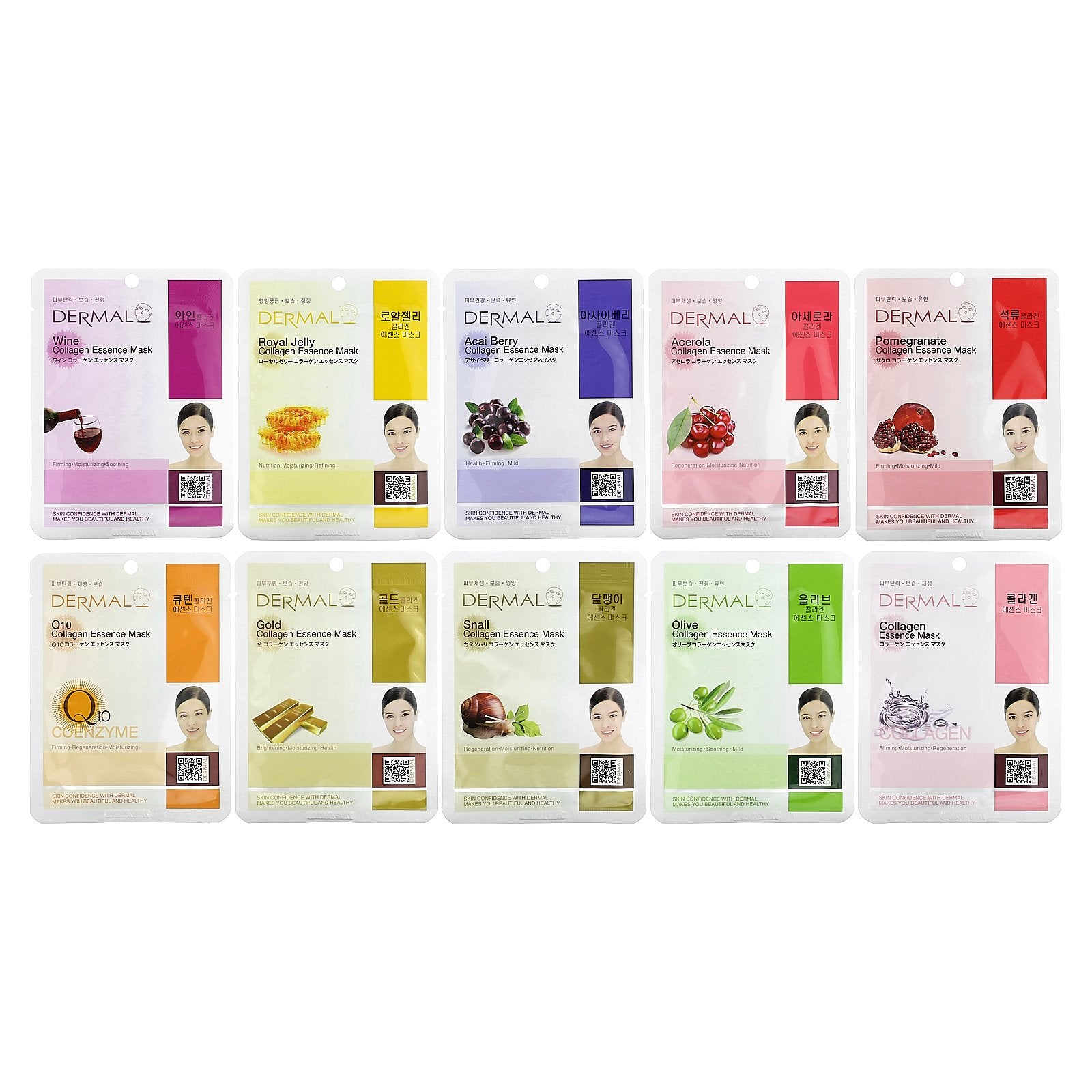 Dermal, Anti-Aging Collagen Essence Beauty Masks, Assorted, 10 Sheets, 0.81 oz (23 g) Each