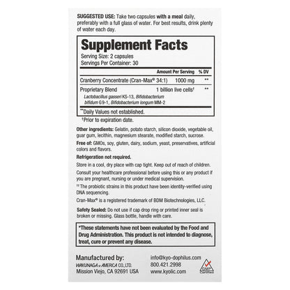 Kyolic, Kyo-Dophilus, Cran+ Probiotic , 60 Capsules