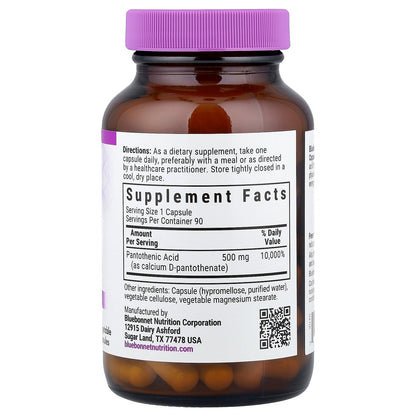 Bluebonnet Nutrition, Pantothenic Acid, 500 mg, 90 Vegetable Capsules