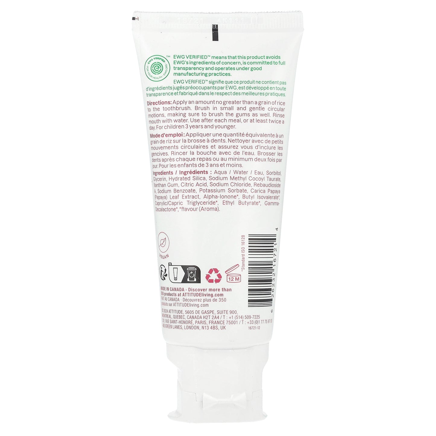 ATTITUDE, Baby Leaves™, Fluoride Free Training Toothpaste, Strawberry, 2.5 fl oz (75 ml)