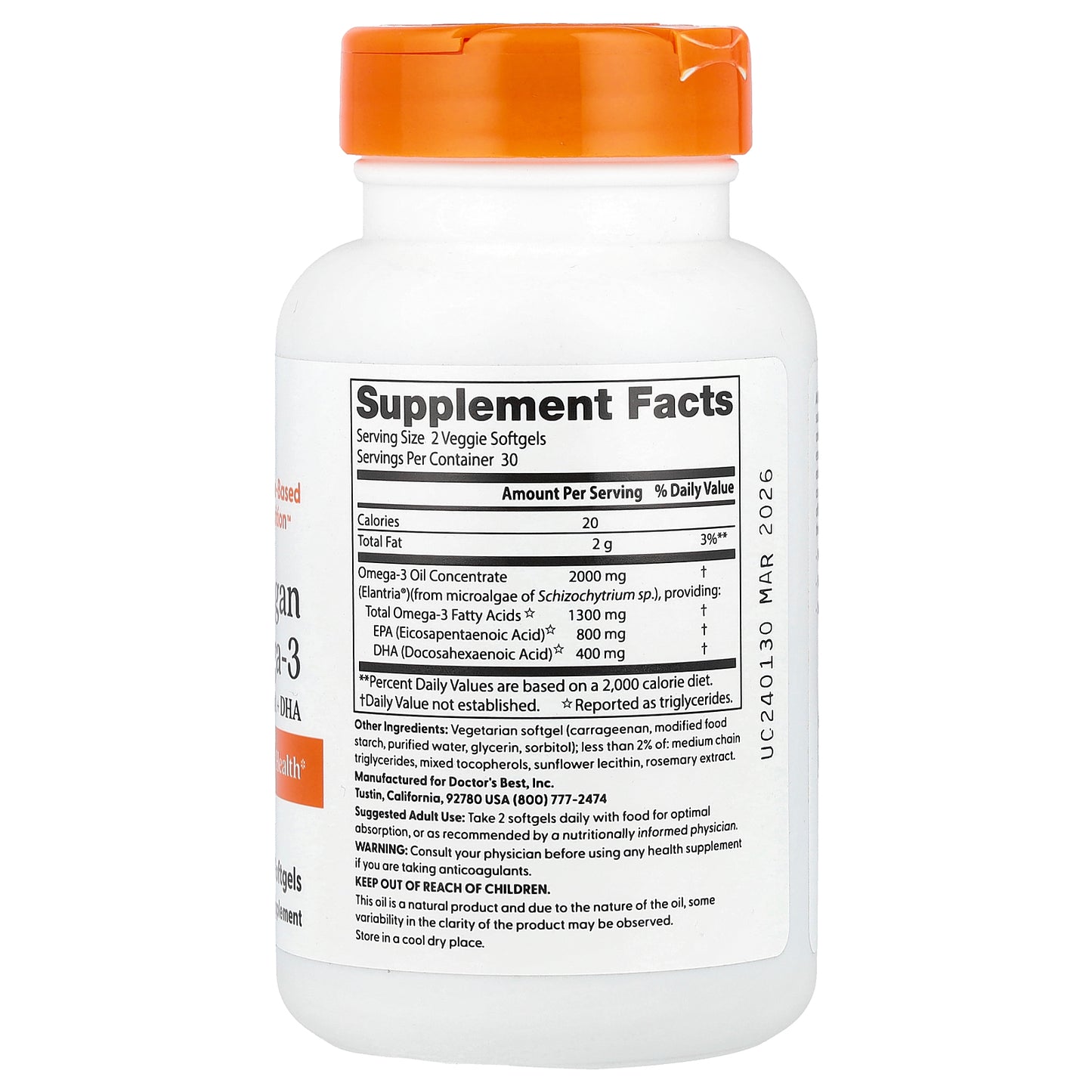 Doctor's Best, Vegan Omega-3,  EPA+DHA, 60 Veggie Softgels (1,000 mg per Softgel)