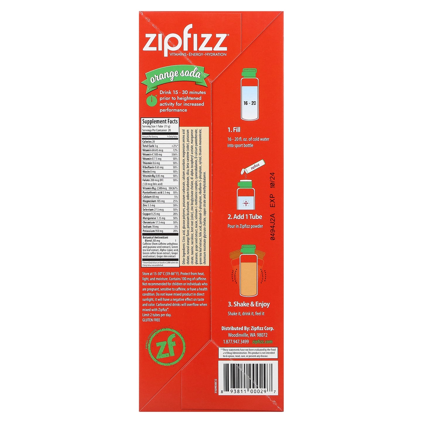 Zipfizz, Energy Drink Mix, Orange Soda, 20 Tubes, 0.39 oz (11 g) Each