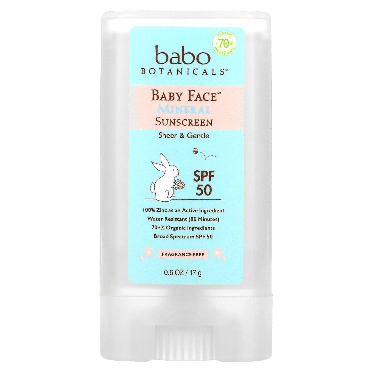 Babo Botanicals, Baby Face, Mineral Sunscreen Stick, SPF 50, Fragrance Free, 0.6 oz (17 g)