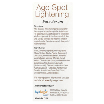 Hyalogic, Age Spot Lightening Face Serum with Hyaluronic Acid & Gigawhite, Fragrance Free, 1 fl oz (30 ml)