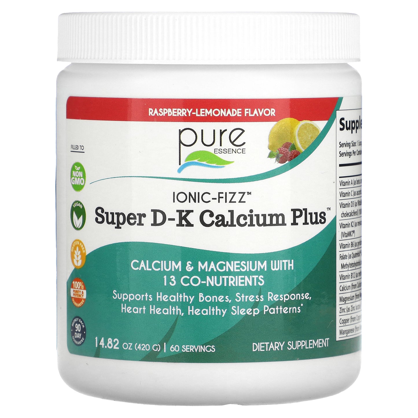 Pure Essence, lonic-Fizz™, Super D-K Calcium Plus™, Raspberry Lemonade, 14.82 oz (420 g)