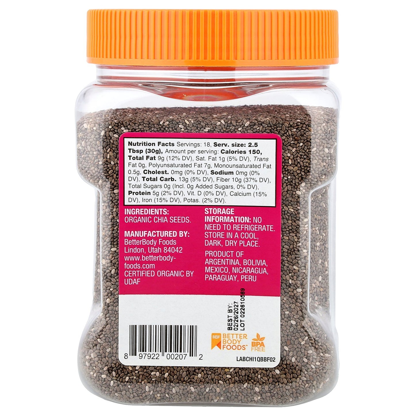 BetterBody Foods, Organic Chia Seeds, 20 oz (567 g)