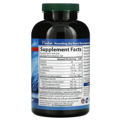 Carlson, The Very Finest Fish Oil, Natural Lemon, 700 mg, 240 Soft Gels (350 mg per Soft Gel)