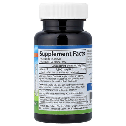 Carlson, Vitamin A, 7,500 mcg RAE (25,000 IU), 100 Soft Gels
