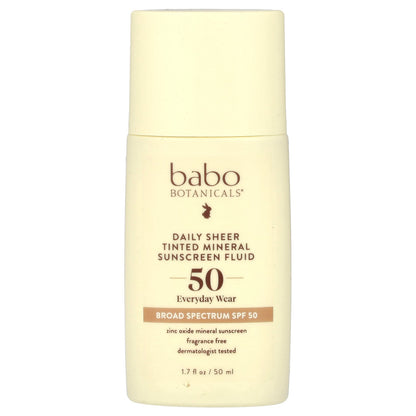 Babo Botanicals, Daily Sheer Tinted Mineral Sunscreen Fluid, SPF 50, Fragrance Free, 1.7 fl oz (50 ml)