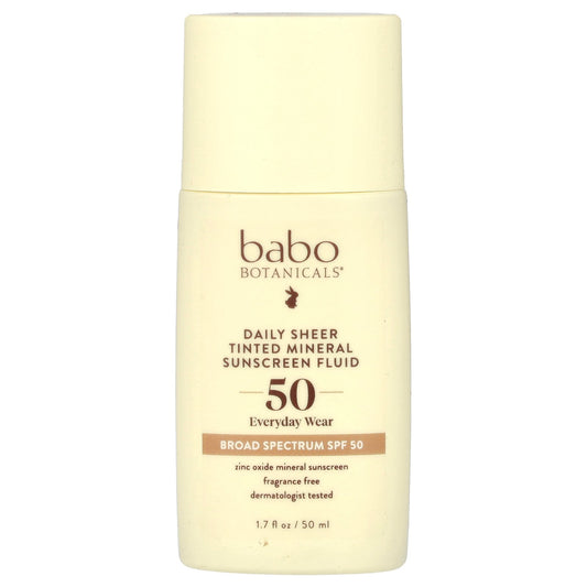 Babo Botanicals, Daily Sheer Tinted Mineral Sunscreen Fluid, SPF 50, Fragrance Free, 1.7 fl oz (50 ml)