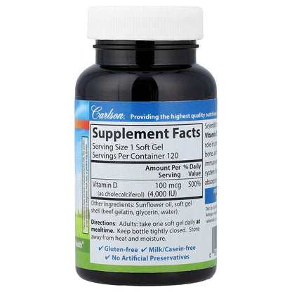 Carlson, Vitamin D3, 100 mcg (4,000 IU), 120 Soft Gels