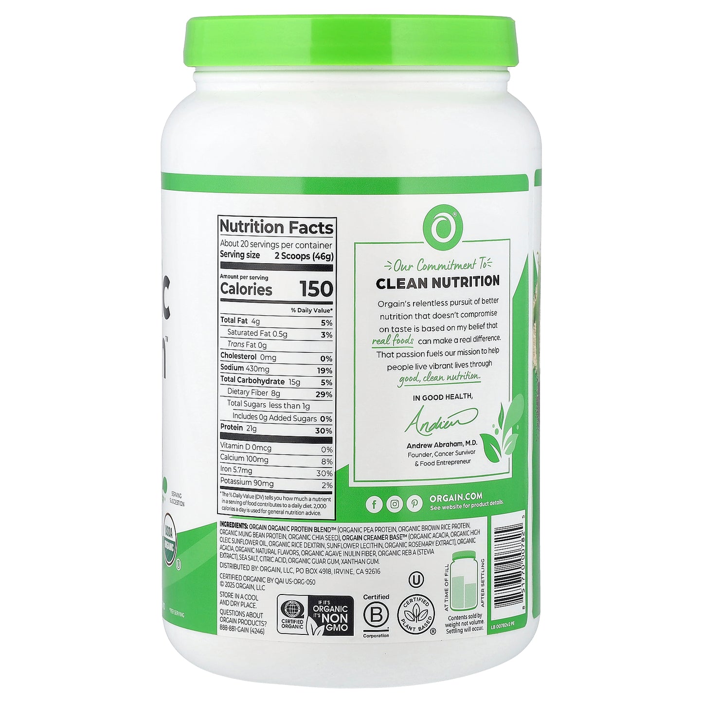 Orgain, Organic Protein™ Powder, Plant-Based, Strawberries 'N Cream, 2.03 lbs (920 g)