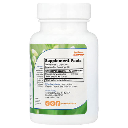 Zahler, Ashwagandha 600, Clinically Validated Dose, Supports Mental Energy & Relaxation, 60 Capsules (300 mg per Capsule)