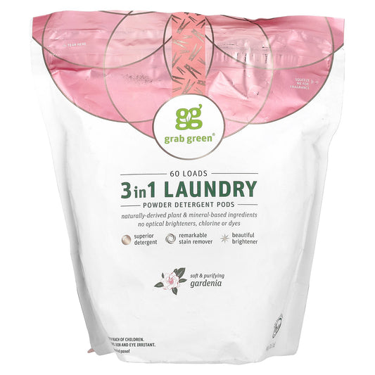 Grab Green, 3-in-1 Laundry Powder Detergent Pods, Gardenia, 60 Loads, 2 lbs 2 oz (960 g)