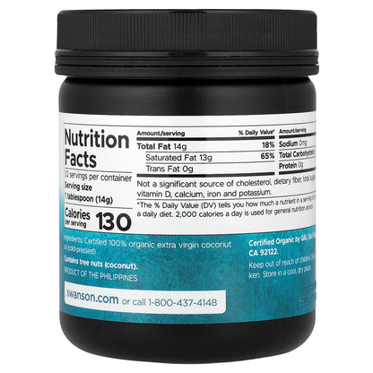 Swanson, Organic Extra Virgin Coconut Oil, Cold Pressed, 16 oz (454 g)
