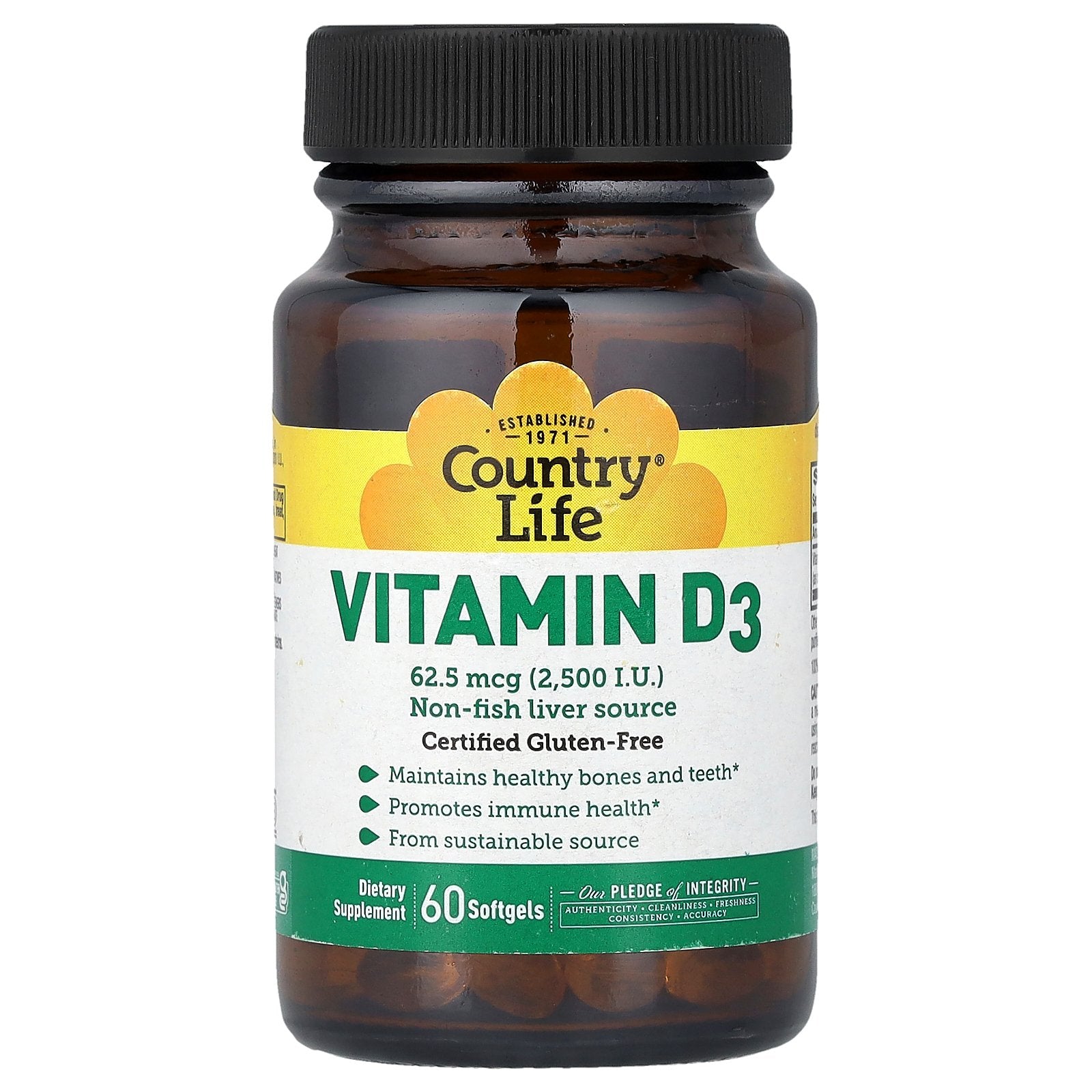Country Life, Vitamin D3, 62.5 mcg (2,500 IU), 60 Softgels