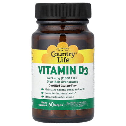 Country Life, Vitamin D3, 62.5 mcg (2,500 IU), 60 Softgels