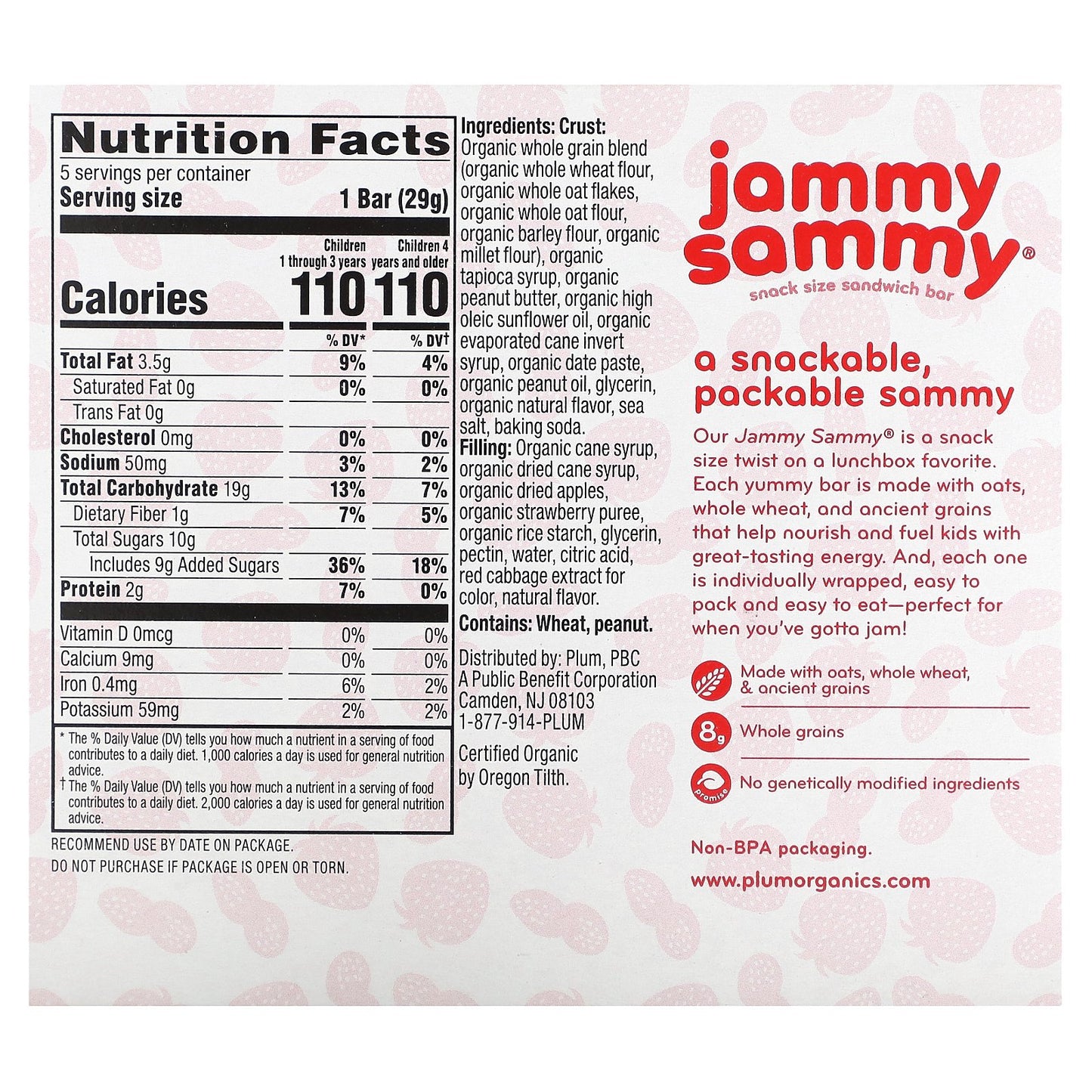 Plum Organics, Jammy Sammy, Snack Size Sandwich Bar, 15 Months & Up, Peanut Butter & Strawberry, 5 Bars, 1.02 oz (29 g) Each