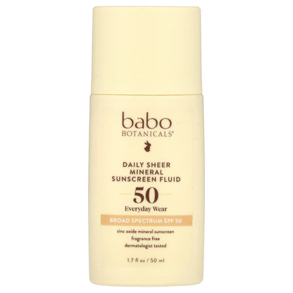 Babo Botanicals, Daily Sheer Mineral Sunscreen Fluid, SPF 50, Fragrance Free, 1.7 fl oz (50 ml)