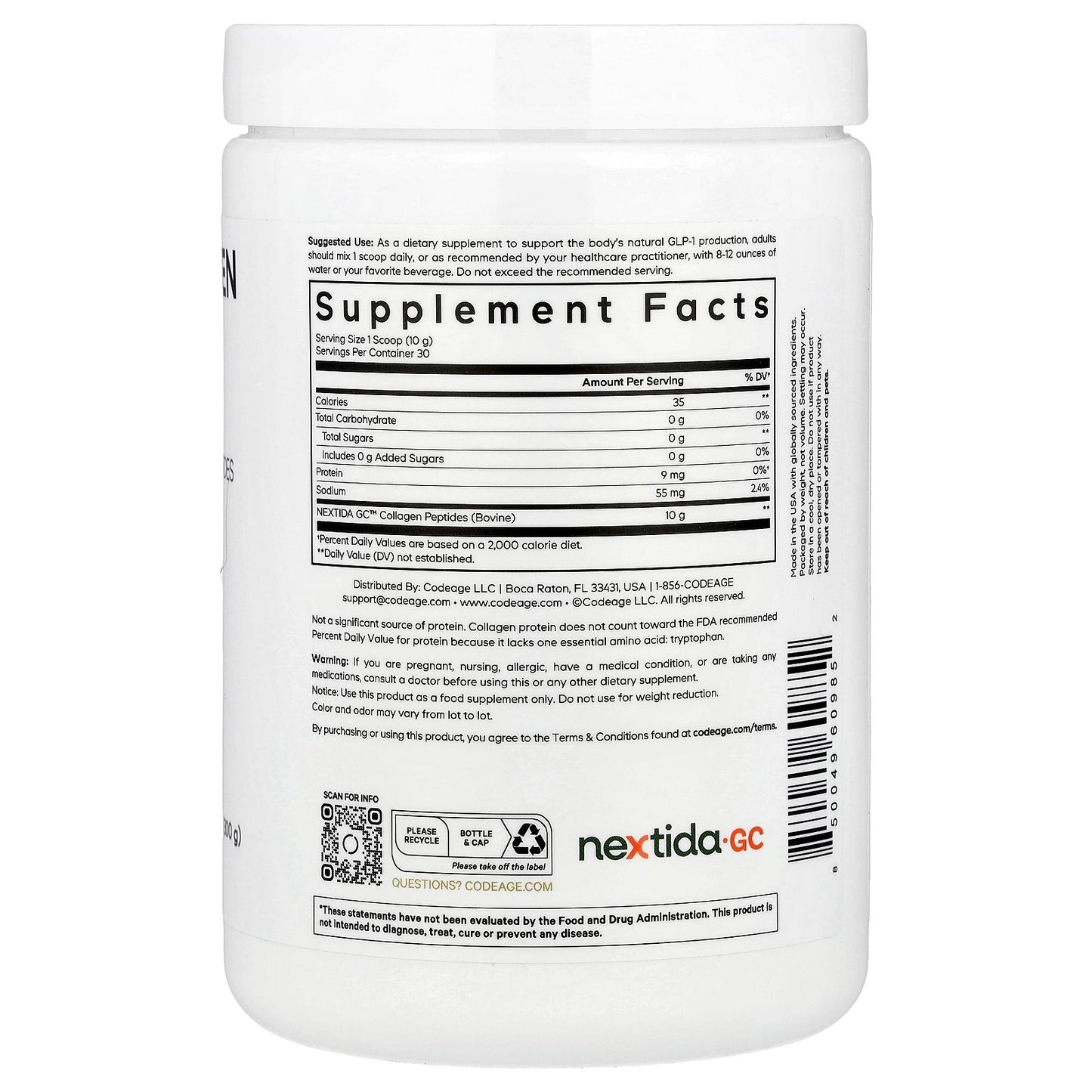 Codeage, GLP-1 Collagen Peptides Powder, Trim & Glow®, Unflavored, 10.58 oz (300 g)