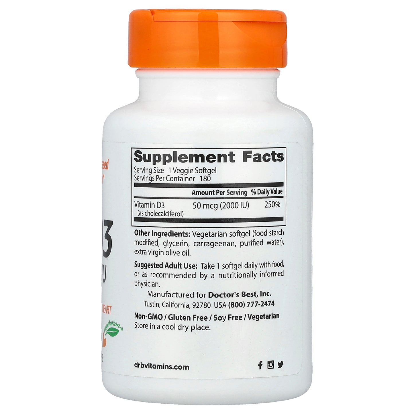 Doctor's Best, Vitamin D3, 50 mcg (2,000 IU), 180 Veggie Softgels