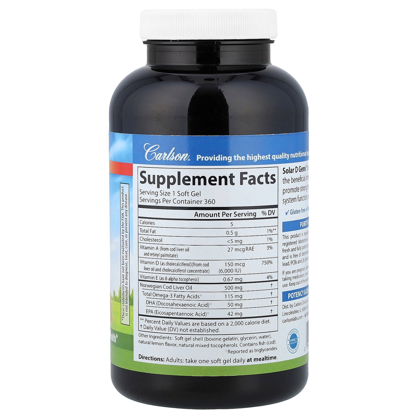 Carlson, Solar D Gems® , Vitamin D3 + Omega-3s, Natural Lemon, 360 Soft Gels