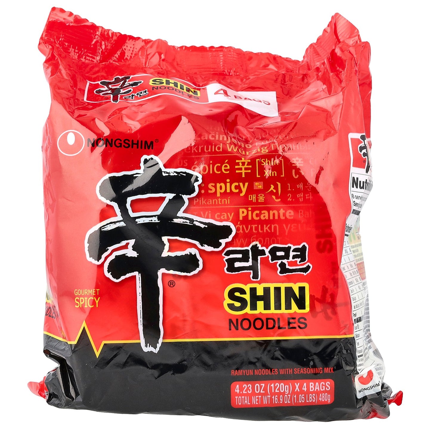 Nongshim, Shin Noodles, Gourmet Spicy, 4 Bags, 4.23 oz (120 g) Each