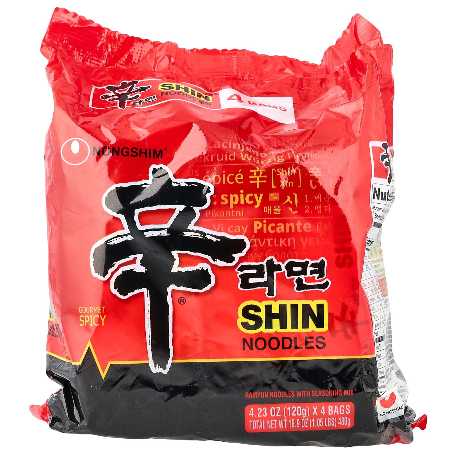 Nongshim, Shin Noodles, Gourmet Spicy, 4 Bags, 4.23 oz (120 g) Each