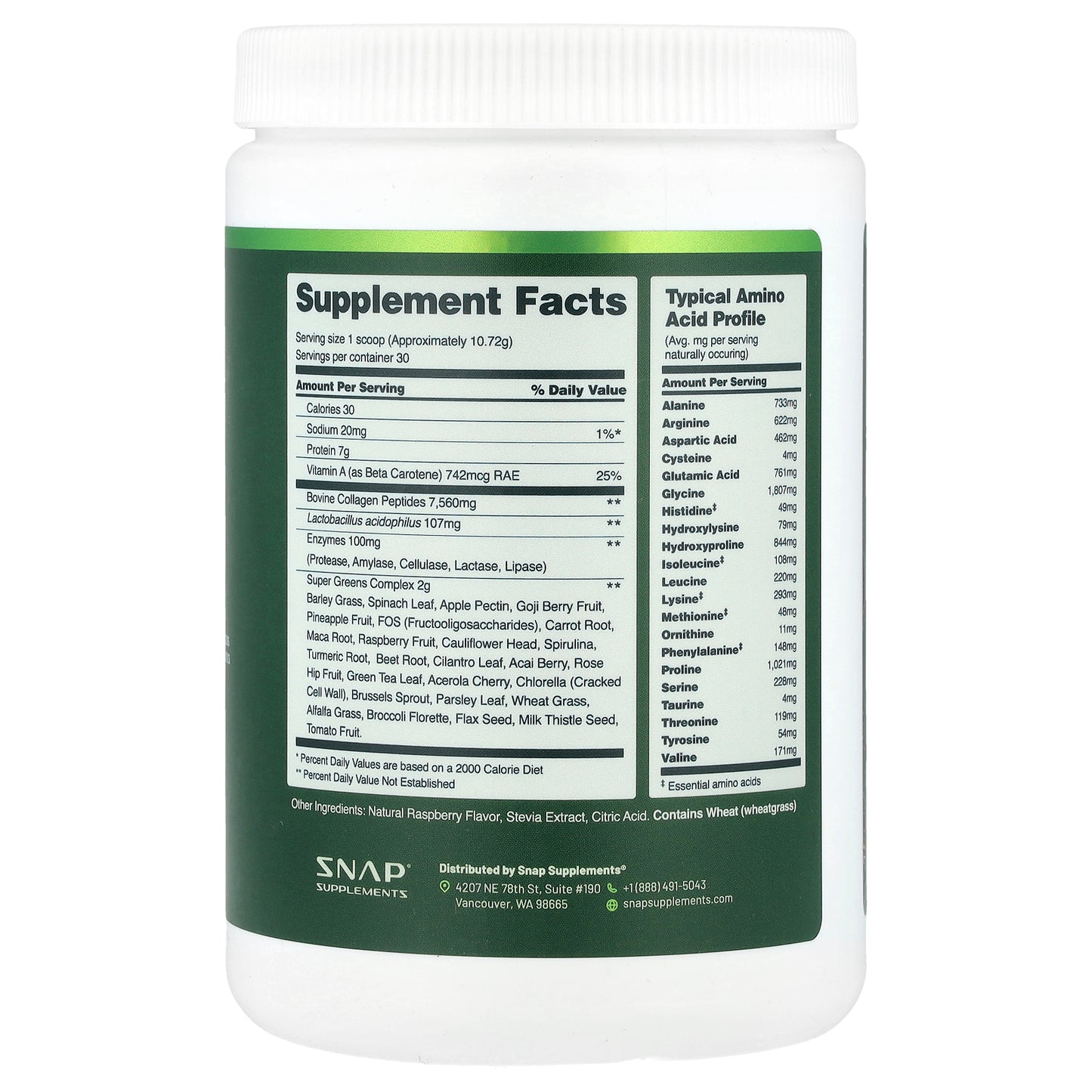 Snap Supplements, Collagen & Greens, Raspberry, 11.34 oz (321.6 g)