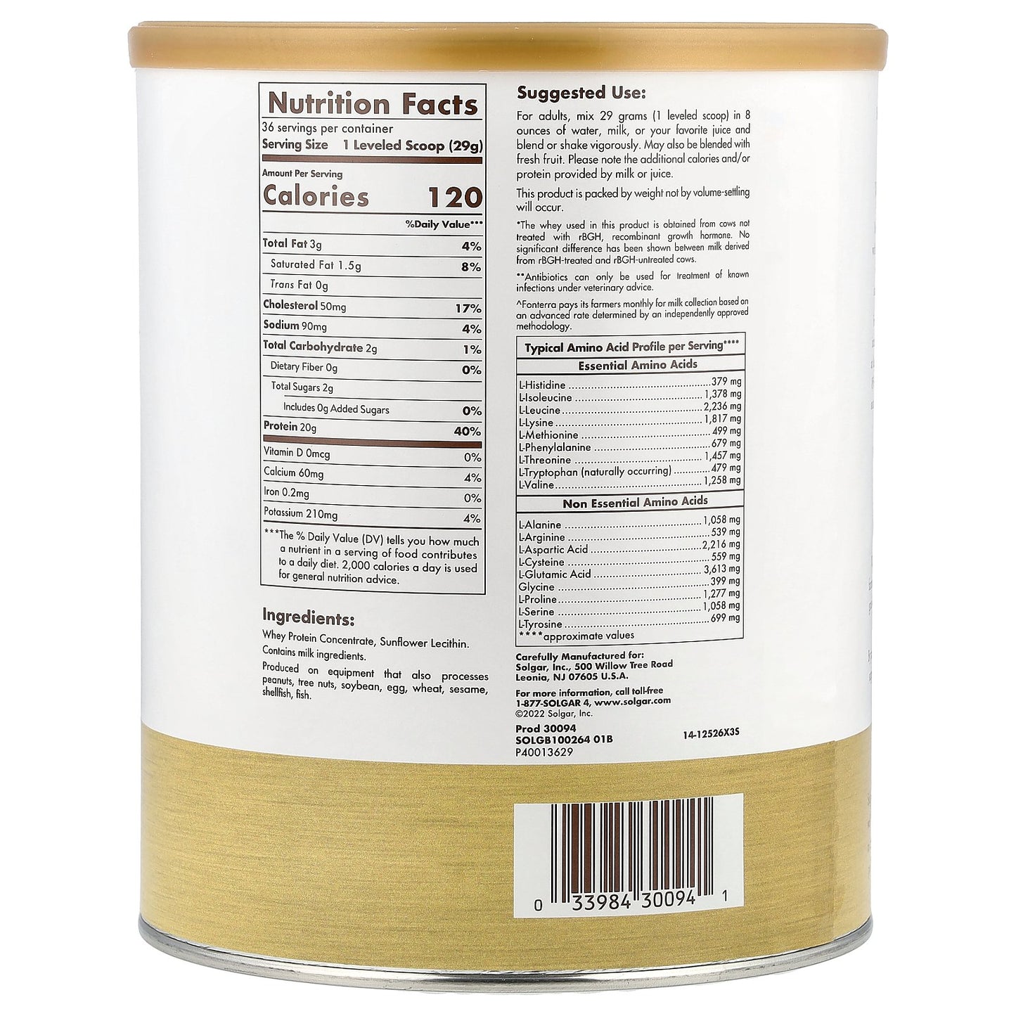 Solgar, Grass Fed, Whey To Go® Protein Powder, Unflavored, 2.3 lbs. (1,044 g)