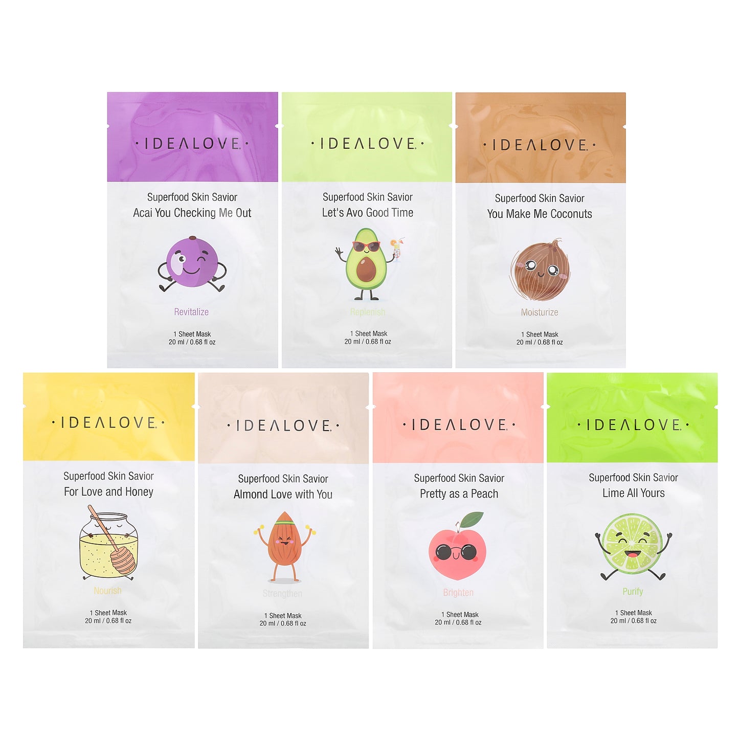 Idealove, Superfood Skin Savior Variety Pack, 7 Beauty Sheet Masks, 0.68 fl oz (20 ml) Each