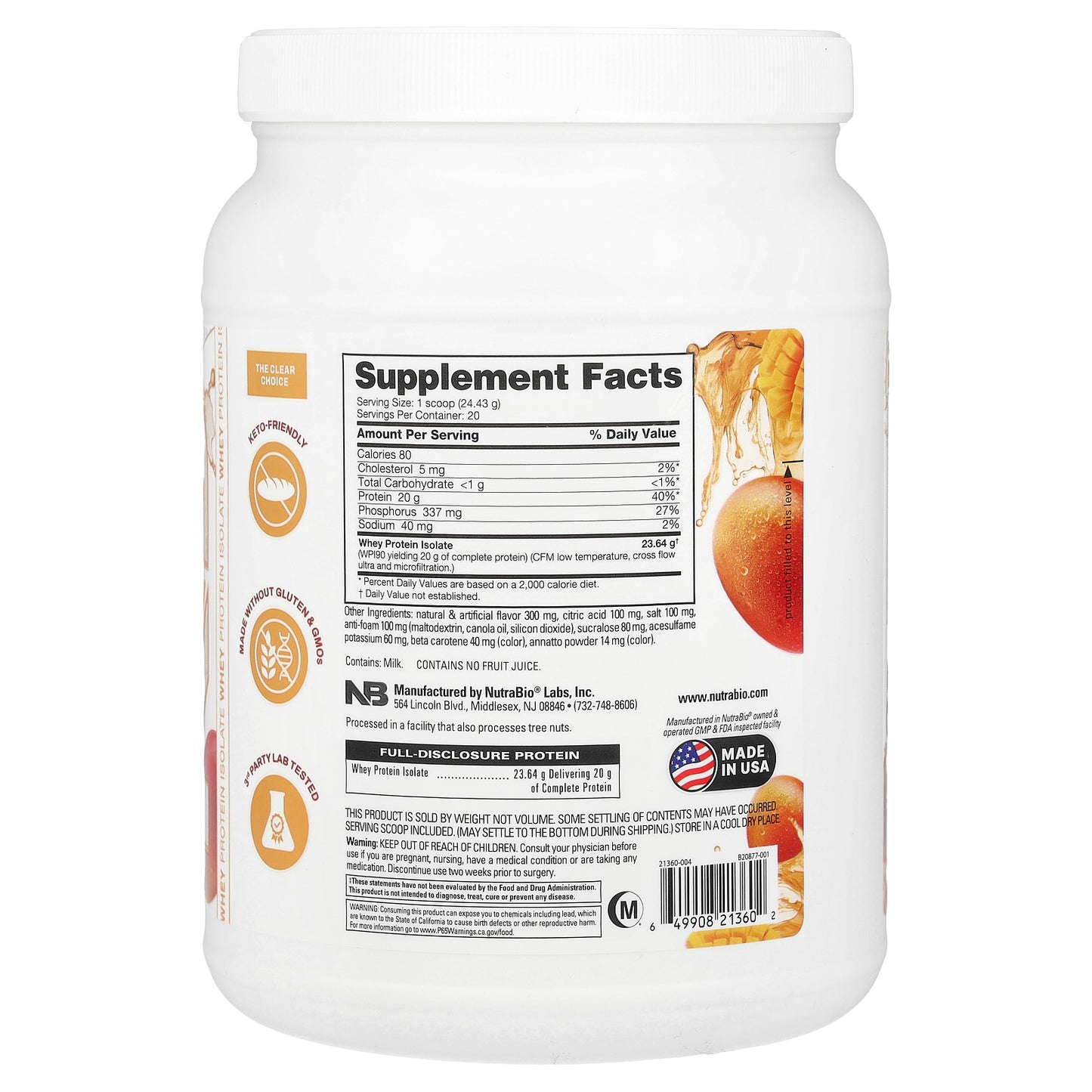 NutraBio, Performance, Clear Protein, Mango Mist, 1.1 lb (489 g)