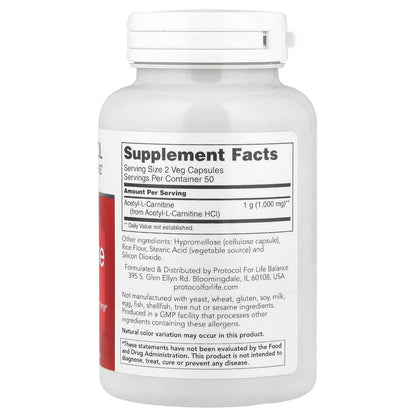 Protocol for Life Balance, Acetyl-L-Carnitine, 500 mg, 100 Veg Capsules