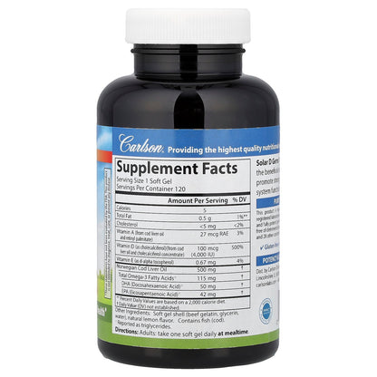 Carlson, Solar D Gems®, Vitamin D3 + Omega-3s, Natural Lemon, 120 Soft Gels