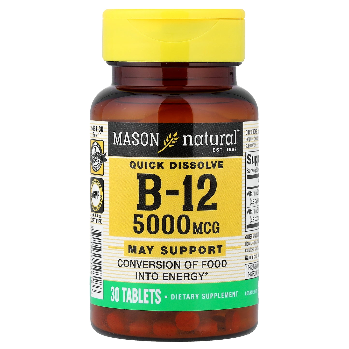 Mason Natural, Quick Dissolve, Vitamin B-12, 5,000 mcg, 30 Tablets