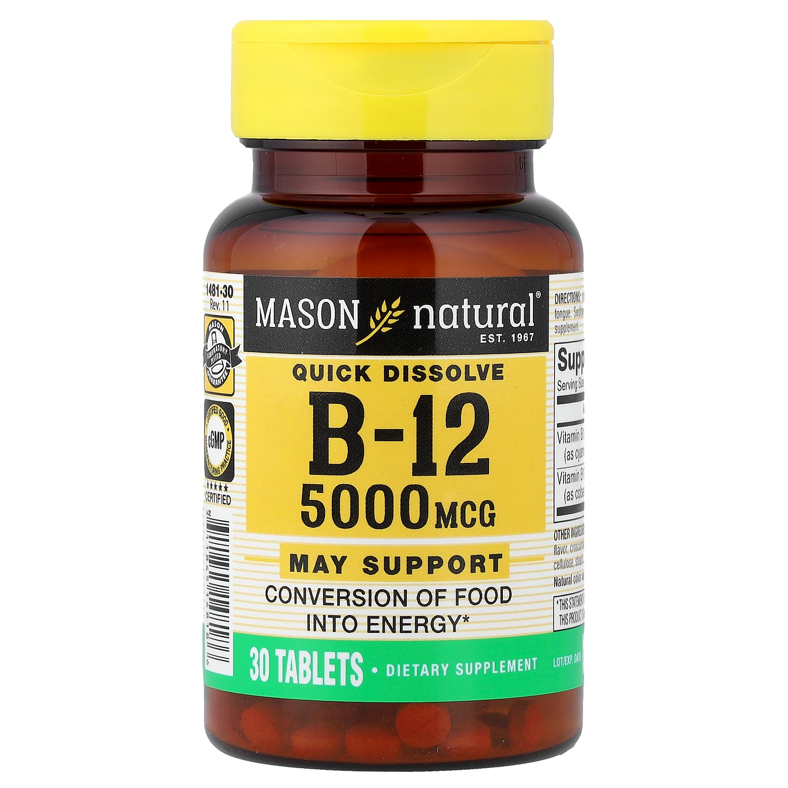 Mason Natural, Quick Dissolve, Vitamin B-12, 5,000 mcg, 30 Tablets