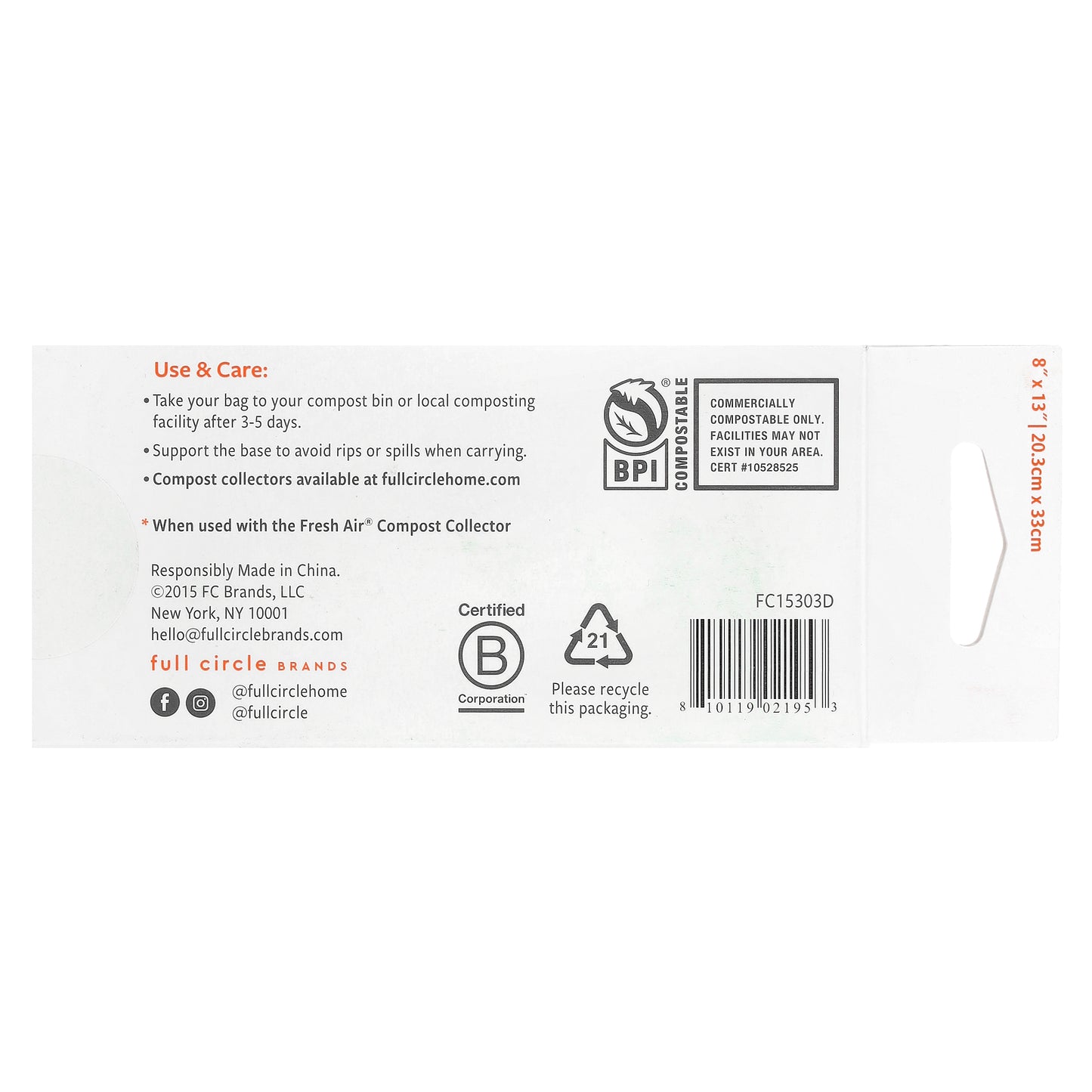 Full Circle, Fresh Air™, Compostable Food Waste Bags, Unscented , 25 Bags